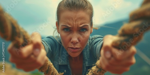 Woman In A Playful Confusion Pulls A Rope While Being Photographed. Concept Rope Pulling Fun, Confused Playful Moments, Creative Outdoor Photoshoot, Expressive Expression, Women's Playful Energy photo