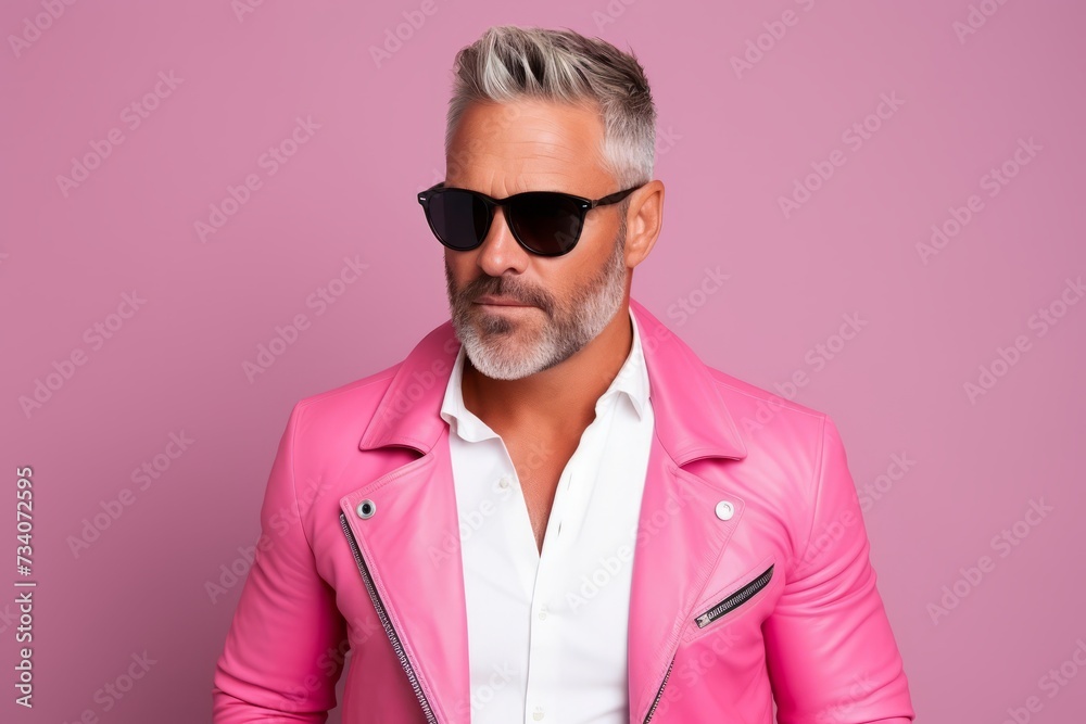 Portrait of stylish mature man in sunglasses and pink jacket posing against pink background Portrait of stylish mature man in sunglasses and pink jacket posing against pink background