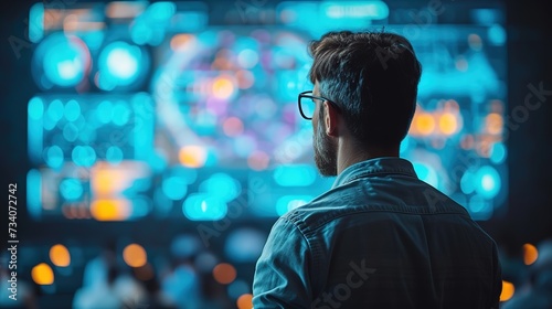 Back view of a male technician observing multiple data feed screens in a high-tech control room.