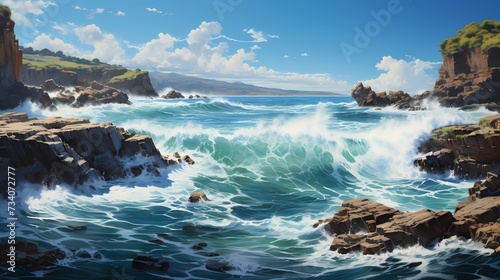 A panoramic view of a serene cobalt blue ocean, with waves gently crashing against a rocky outcrop