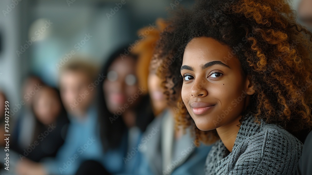 Obraz premium A confident young professional woman with a warm smile, attending a team meeting with diverse colleagues in the background.
