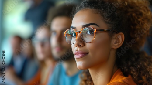 A young, attentive woman with glasses looking forward at a seminar, with other participants blurred in the background.