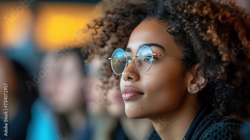 Close-up of a thoughtful young woman with curly hair and round glasses, deeply engaged while attending an educational event.