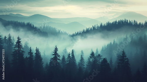 Misty landscape with fir forest in hipster vintage...