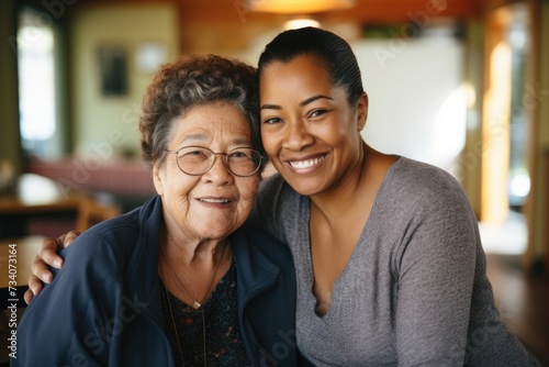 Portrait of a senior woman with a caregiver in nursing home photo