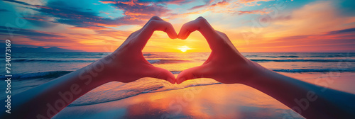 Hand in heart shape on beach at sunset in summer background #734073169