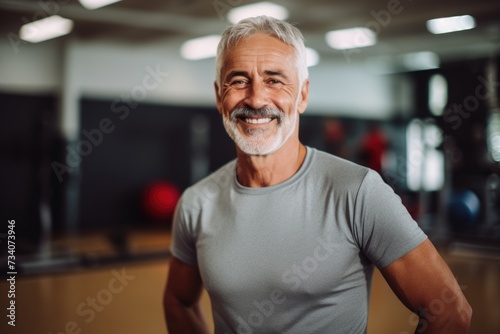 Smiling portrait of a senior man in the basketball gym