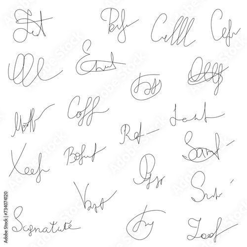 autograph set, fictitious handwritten fake signature, handwritten signature for signed papers and documents.