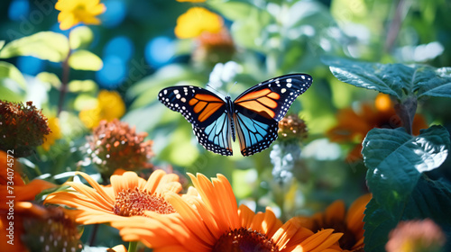 Monarch orange butterfly and bright summer flower.