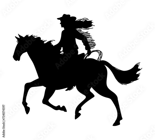 Cowgirl rides a horse quickly black vector silhouette, American western rodeo ranger woman, cowgirl with rope