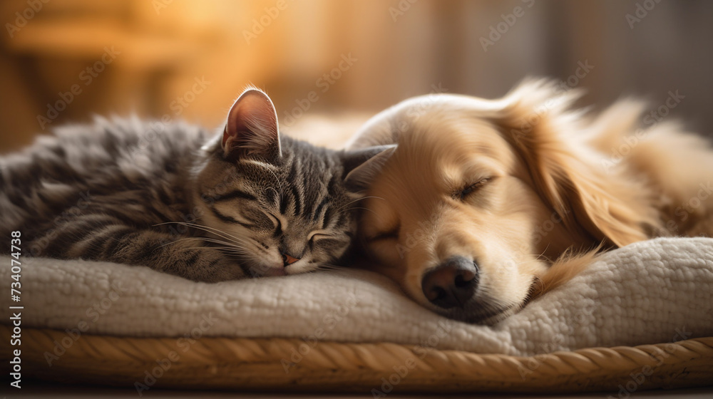Dog and kitten sleeping together, animal relationship , smooth lighting in warm home.