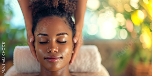 African American woman in a spa having a massage session. Total relaxation concept