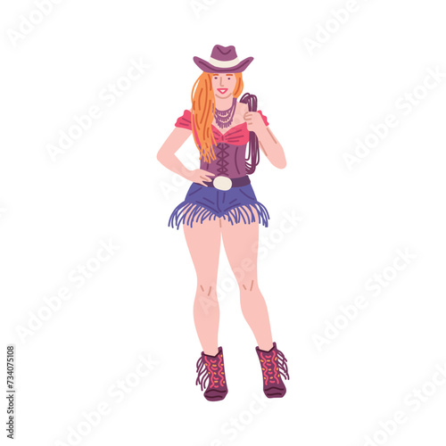 Beautiful cowgirl with rope in hand, vector vintage swag cowgirl, ginger woman dressed in American wild western style