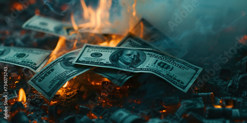 Bunch of dollar in fire bills burning in fireplace. Bankruptcy, depreciation, devaluation, waste of money, Inflation, hyperinflation, dollar stagflation, decreasing purchasing power