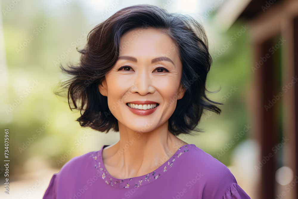 Happy attractive mature Asian woman with black air with gray streakes Happy attractive mature Asian woman with black air with gray streakes
