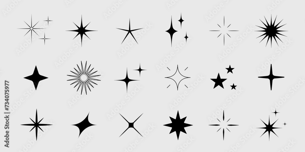 Set of star shapes. Retro futuristic sparkle icons collection. Vector set of Y2K style. Set of star shapes. Retro futuristic sparkle icons collection. Vector set of Y2K style.