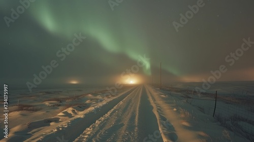 Northern lights over snow-laden Scandinavian terrain, mesmerizing green auroras lighting up the night