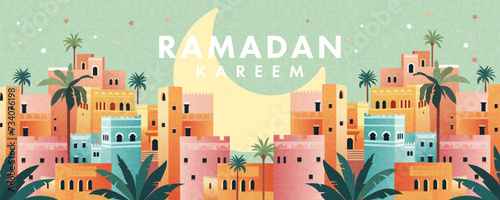 Ramadan Kareem banner, poster, card, holiday cover. Modern art design in pastel colors with pattern of beautiful arabian old ancient city against the backdrop of a bright big crescent moon and stars