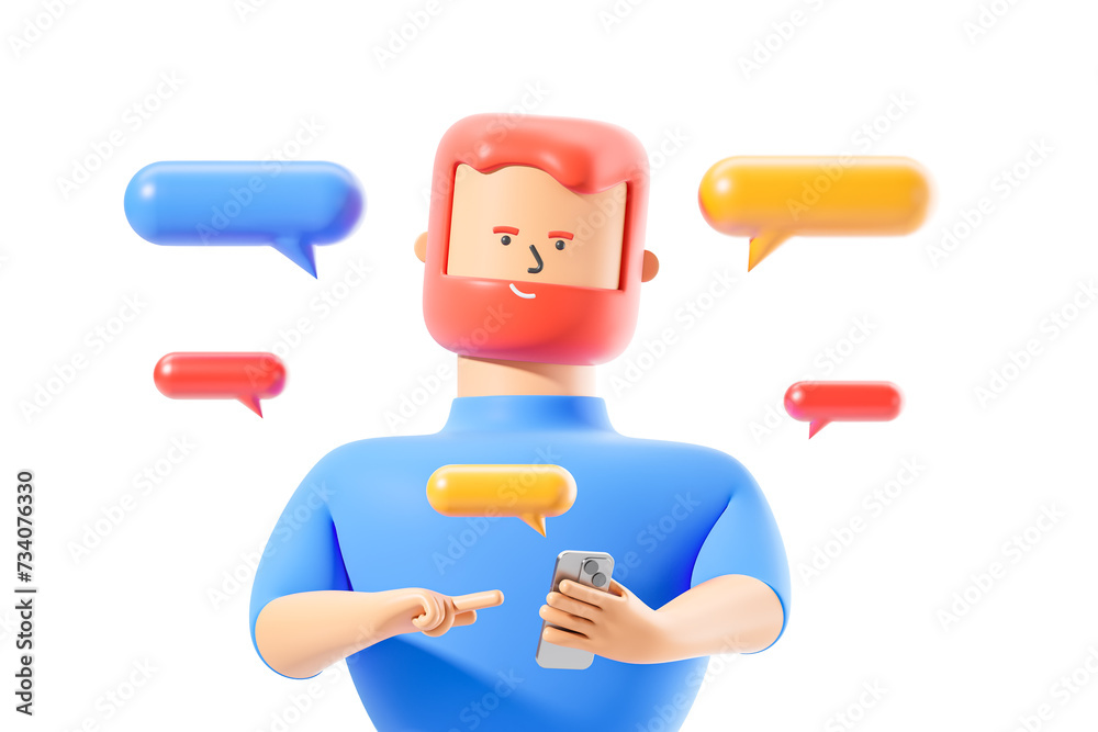 Fototapeta premium Cartoon man with a smartphone in his hands. Pop-up message boxes. Online correspondence or dating on social networks or applications. Mock up. 3d rendering
