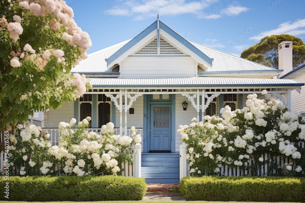 Fototapeta premium Classic cottage house with white picket fence