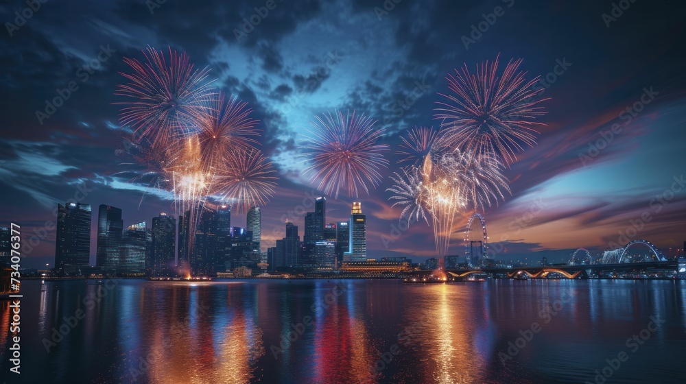 Fireworks spectacle over city landmarks, festive night sky illumination, crowd in wonder