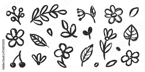 Floral doodle hand drawn with grunge brush texture. Vector simple flower, leaf brush stroke.