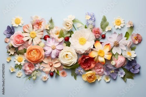 Overhead shot of a stunning arrangement of flowers on a pastel surface, crafted for seamless text incorporation.