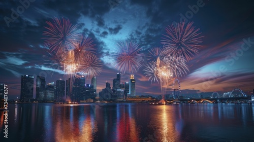 Fireworks spectacle over city landmarks, festive night sky illumination, crowd in wonder © Kanisorn