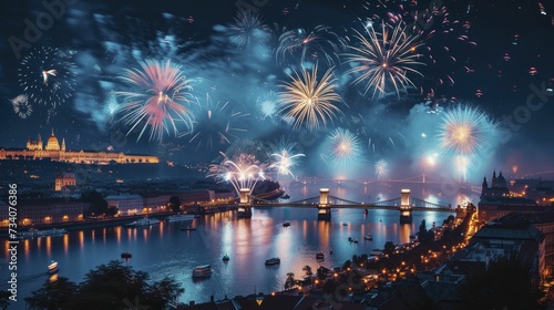 Festive celebration with fireworks illuminating night sky over iconic city landmarks, crowd marveling in awe