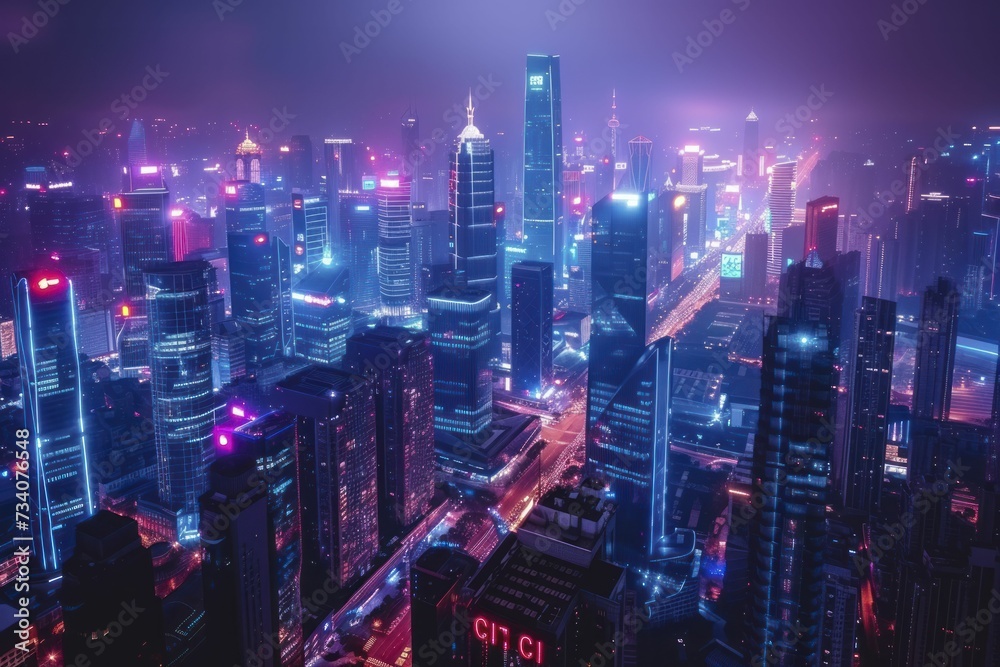 Futuristic urban night, skyscrapers and neon lights depicting city development