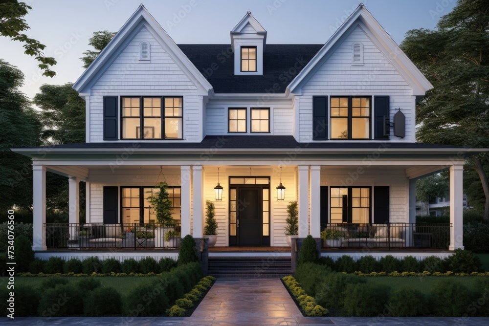 Modern two-story house exterior at dusk Modern two-story house exterior at dusk