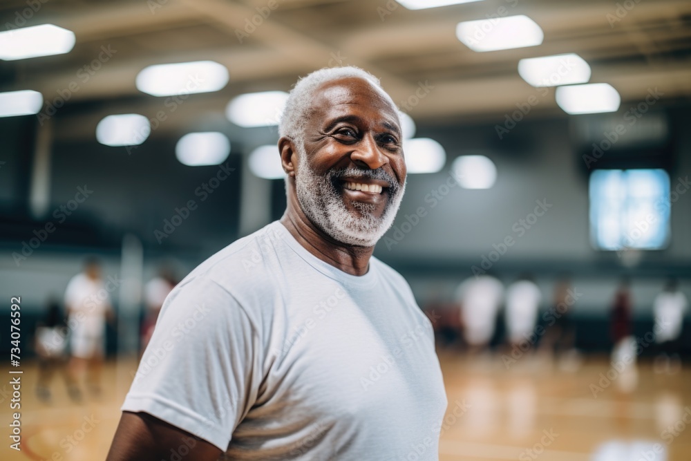 Smiling portrait of a senior man in the basketball gym Smiling portrait of a senior man in the basketball gym