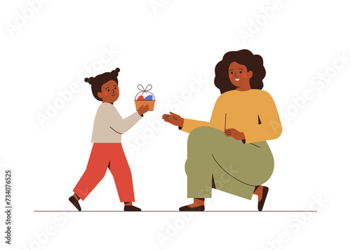 Small girl carrying large decorated easter eggs in the basket to her mother. African american woman and her daughter celebrating Easter holiday. Vector illustration