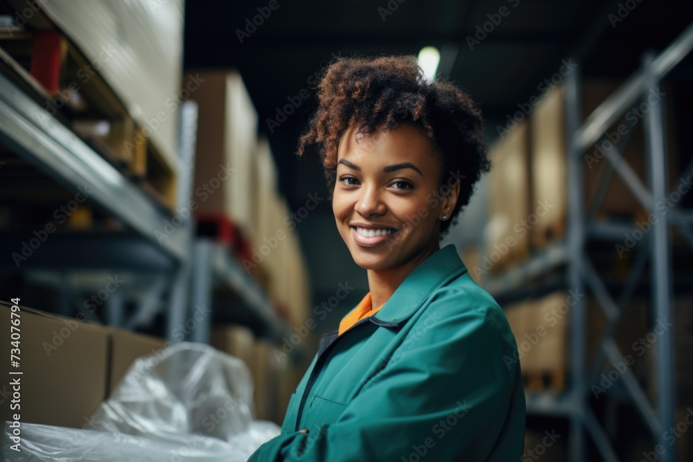 Naklejka premium Portrait of a smiling young woman working in a factory