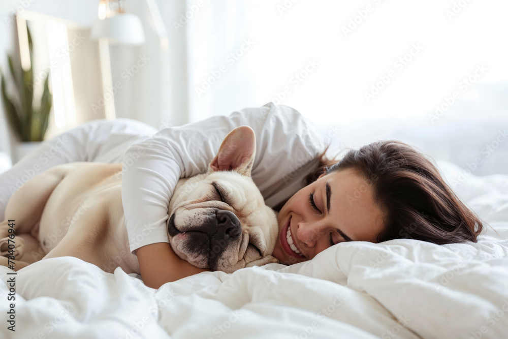 A peaceful nap shared between a woman and her loyal dog, snuggled under the warmth of blankets in the comfort of their indoor sanctuary A peaceful nap shared between a woman and her loyal dog, snuggled under the warmth of blankets in the comfort of their indoor sanctuary