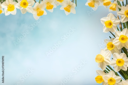 Overhead shot of a sunlit field of daffodils, their yellow blooms creating a cheerful frame for your personalized message.