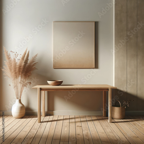 Empty wall in Scandinavian style interior with wooden table. Minimalist interior design