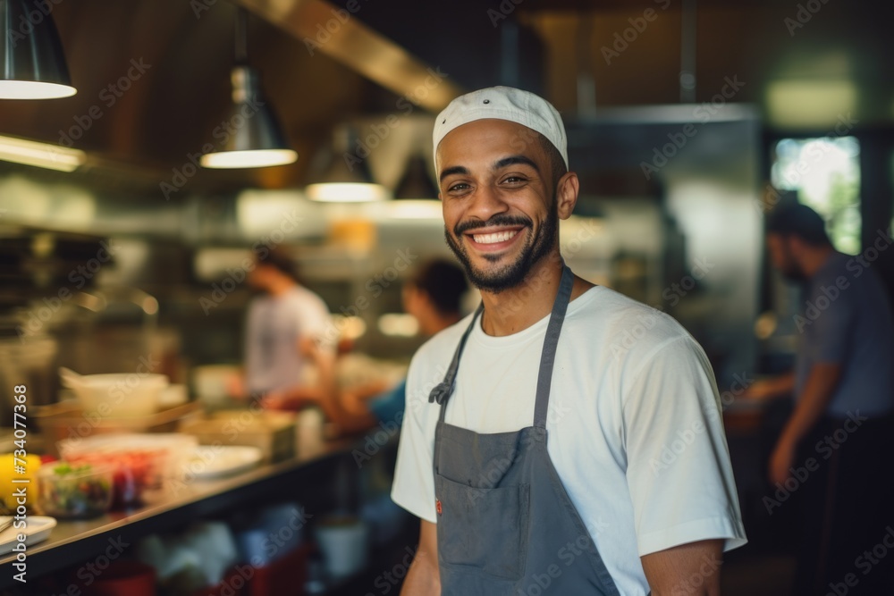 Fototapeta premium Portrait of a black male chef in a commercial kitchen