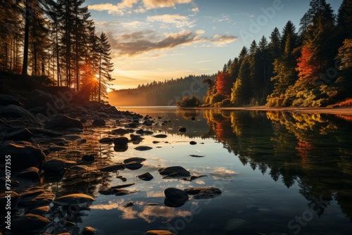Golden Sunset Over Serene Forest Lake
