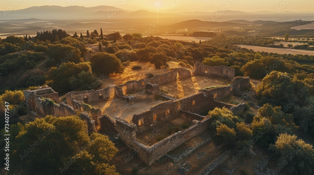 Sweeping aerial view of ancient ruins at golden hour, history merging with natural beauty in serene landscape