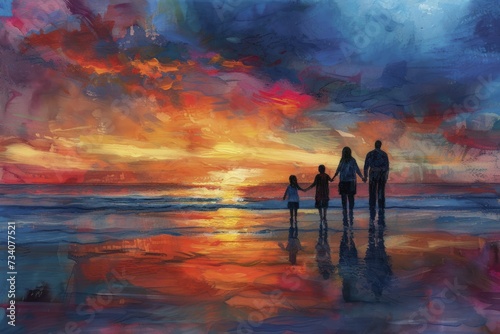 Beach sunset with family silhouette, vibrant skies framing a serene holiday scene