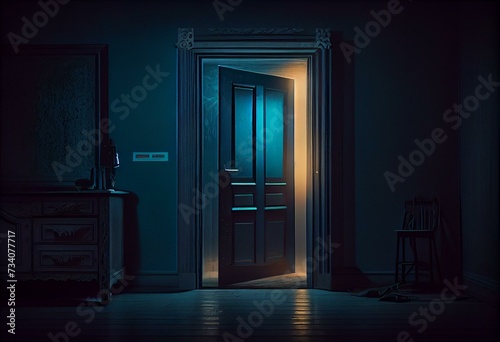 Ajar door to a mysterious brightly lit room. Generative AI