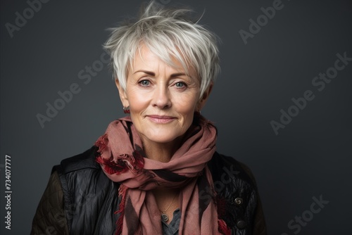 Portrait of a beautiful senior woman with a scarf over grey background