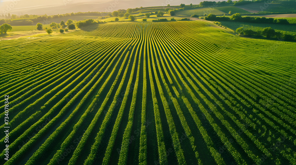 Aerial View of Sunlit Agricultural Fields with Rows of Crops