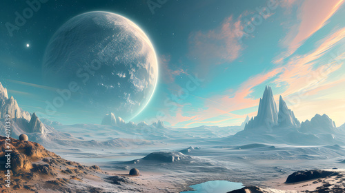 Surreal Alien Planet Landscape with Giant Moon and Rocky Terrain