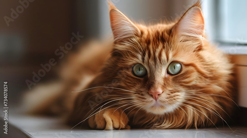 Majestic Orange Tabby Cat with Green Eyes Lounging in Sunlight