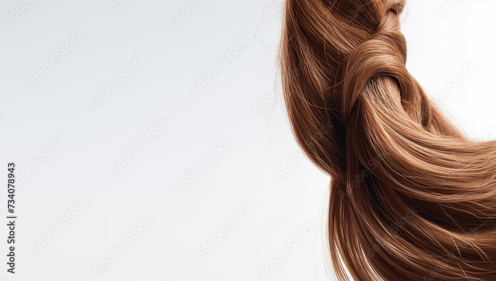 Naklejka premium Brown shiny hair on white background. Hair care. Shampoo, moisturising, keratin treatment ad banner, healthy strong brown strand or lock, hair shaft structure, magic glow shiny swirls. Generative Ai