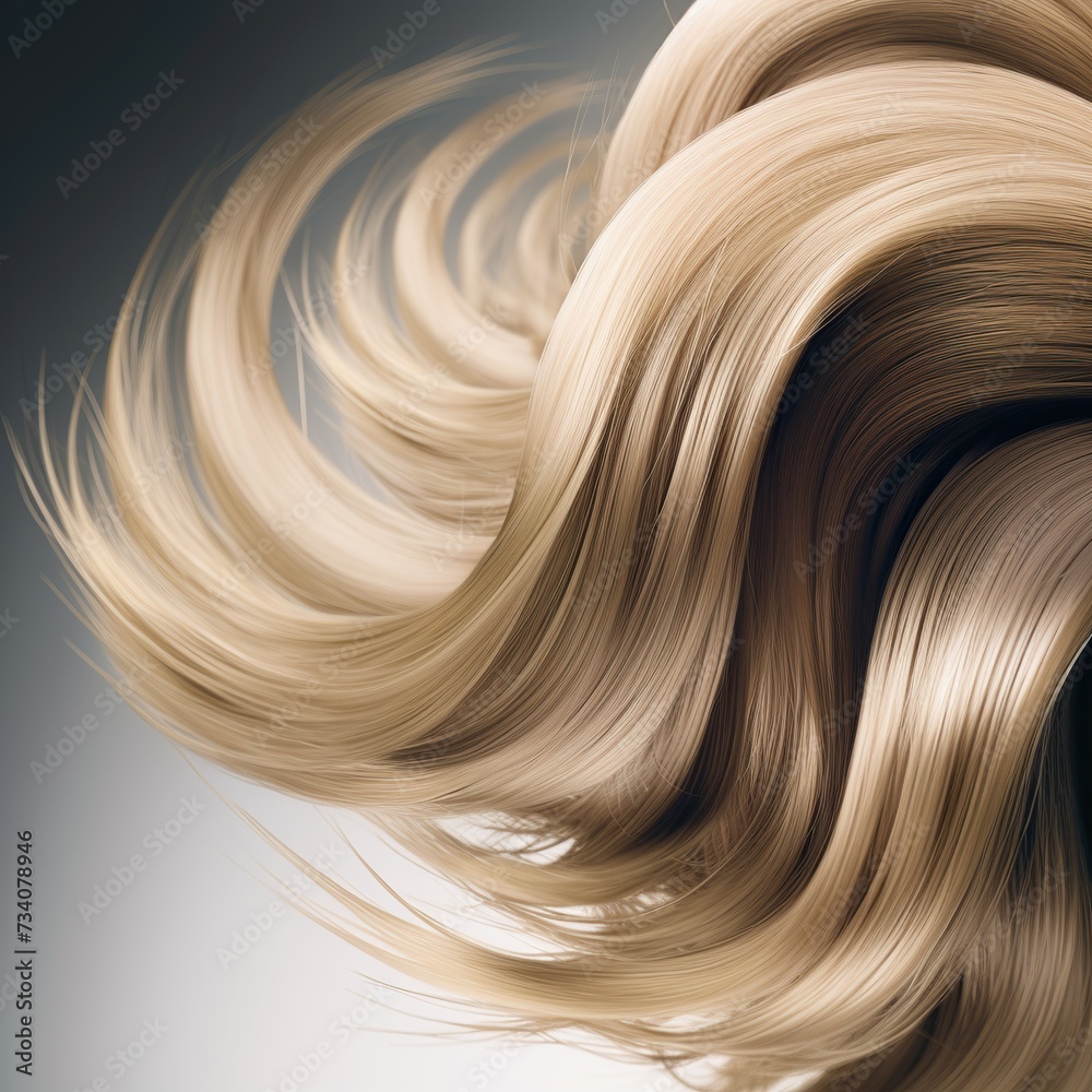 Blonde shiny hair on white background. Hair care. Shampoo, moisturising, keratin treatment ad banner, healthy strong brown strand or lock, hair shaft structure, magic glow shiny swirls. Generative Ai Blonde shiny hair on white background. Hair care. Shampoo, moisturising, keratin treatment ad banner, healthy strong brown strand or lock, hair shaft structure, magic glow shiny swirls. Generative Ai