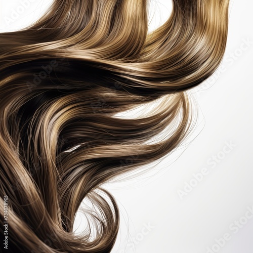 Brown shiny hair on white background. Hair care. Shampoo, moisturising, keratin treatment ad banner, healthy strong brown strand or lock, hair shaft structure, magic glow shiny swirls. Generative Ai