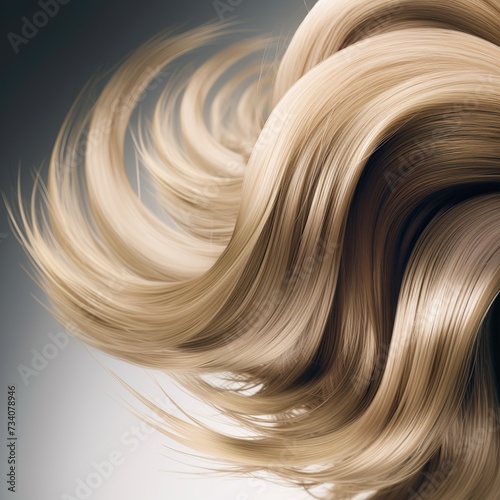 Blonde shiny hair on white background. Hair care. Shampoo, moisturising, keratin treatment ad banner, healthy strong brown strand or lock, hair shaft structure, magic glow shiny swirls. Generative Ai